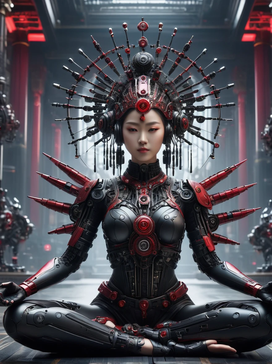 (Imagine:1.3), (full-body shot:1.5), 1 Red Cyberpunk Mechanical Girl, Many hands, meditation, Sitting cross-legged, 做meditation姿势, Wearing an ornate headdress made of black metal parts, Precision mechanical body, Ultra-fine electronic components, Temple Background, Light, musical note hair ornament, Surrealism, Blind box toy styles, Futurism, Concept Art, 发Light主义, 神Light, symmetry, First-person perspective, Ultra wide angle, Ultra HD, Anatomically correct, precise, masterpiece, The award-winning, 8K