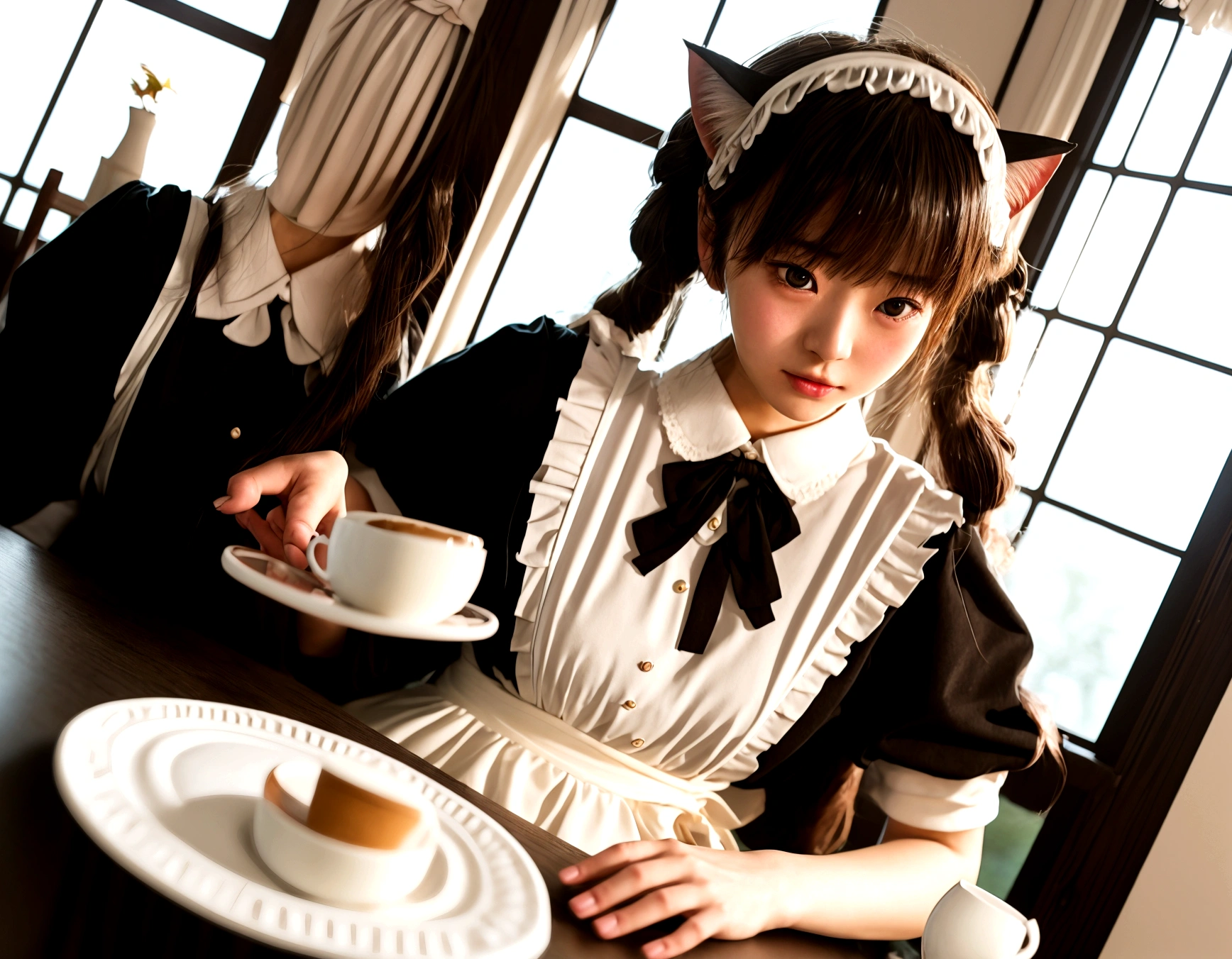 A cute and delicate girl,穿着黑白Maid装,Japanese Girls,Delicate skin,Cat ear,Maid,At the coffee shop,21 years old,Large Breasts