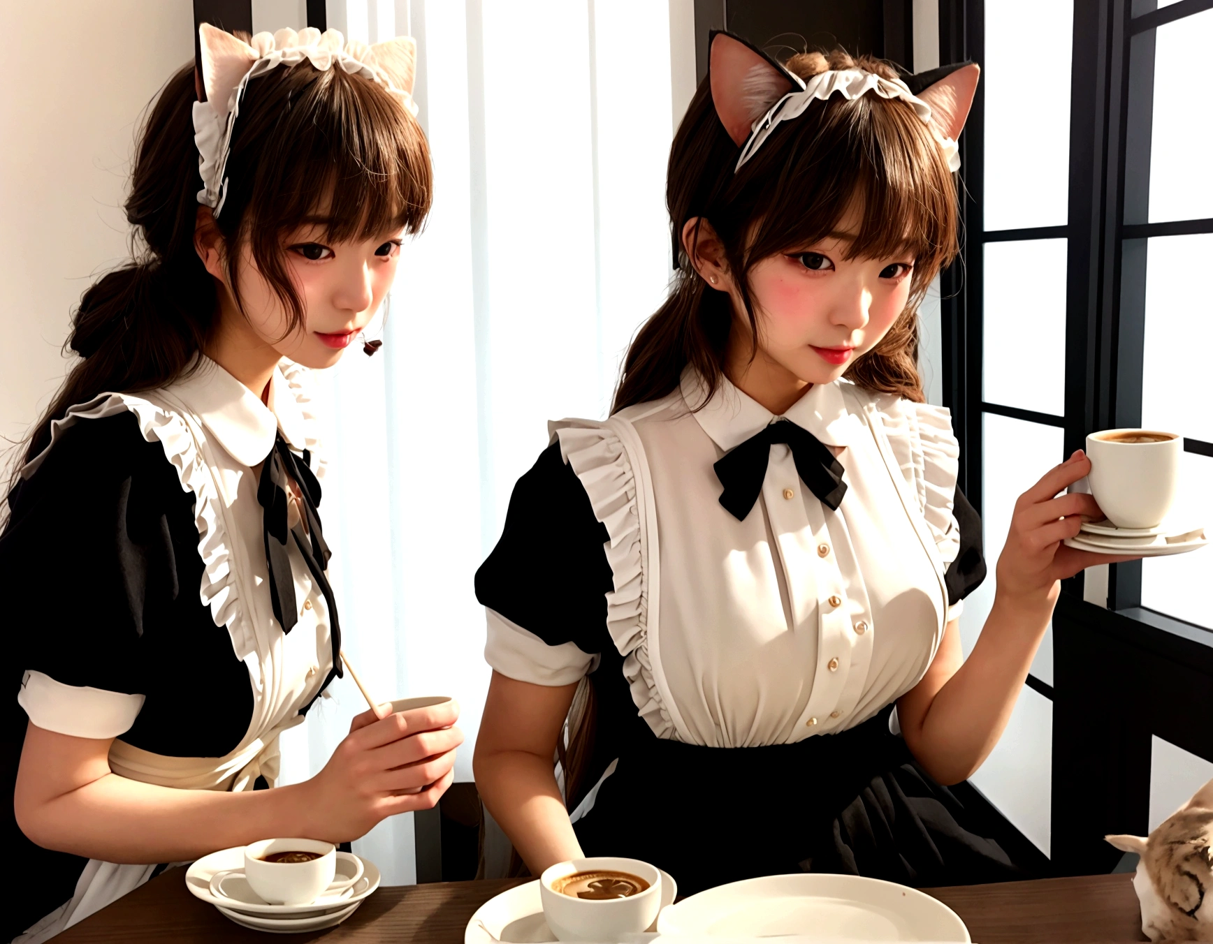 A cute and delicate girl，穿着黑白Maid装，Japanese Girls，Delicate skin，Cat ear，Maid，At the coffee shop，21 years old，Large Breasts