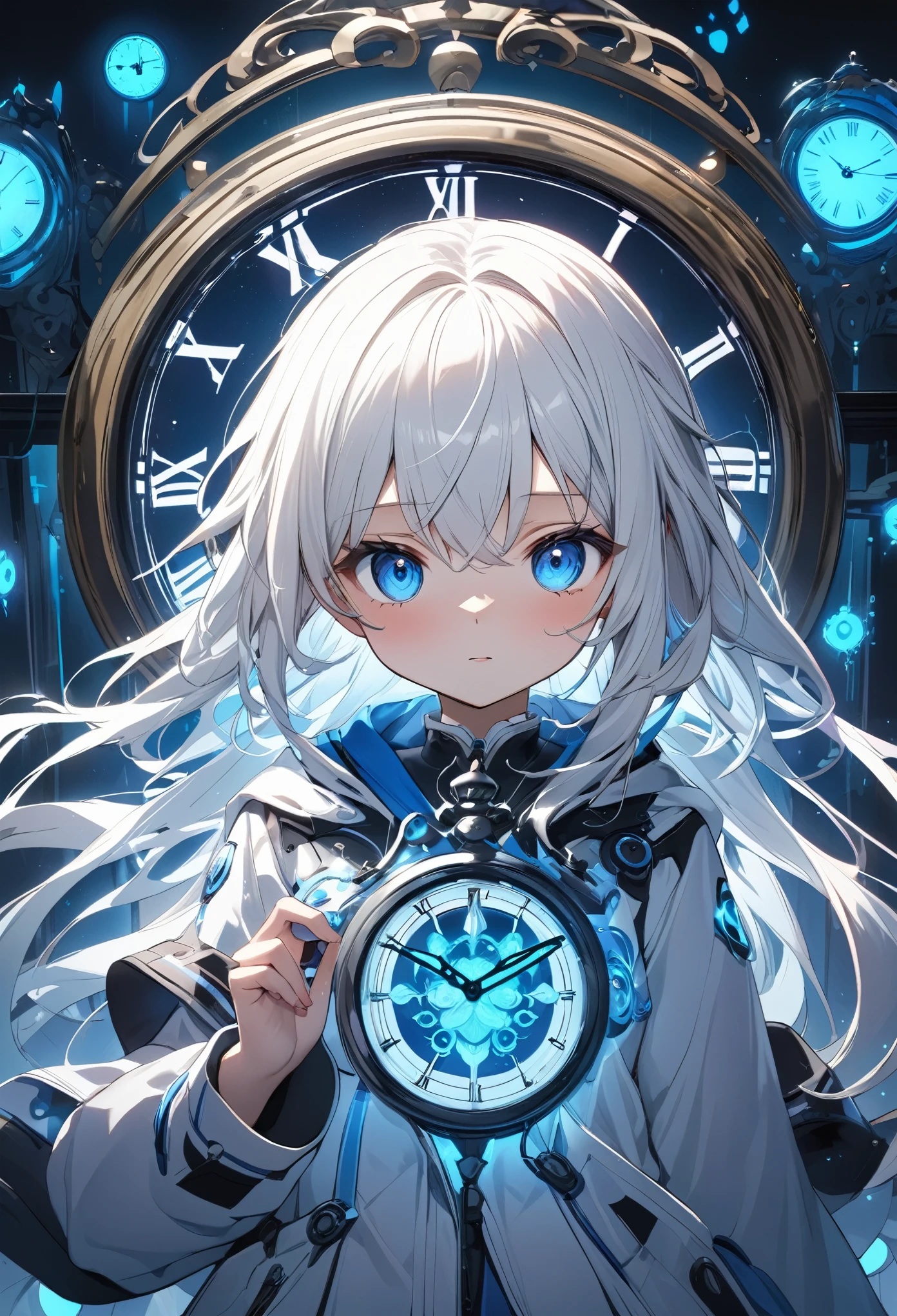 (anime style:1.4),Soft pictorial touches、超High resolution, Attention to detail, high quality, High resolution, 最high quality, 4K, 8K,Blue glowing clock background、White Hair Girl、cute,Beautiful light effect surrounding the body,DonMDj1nnM4g1cXL