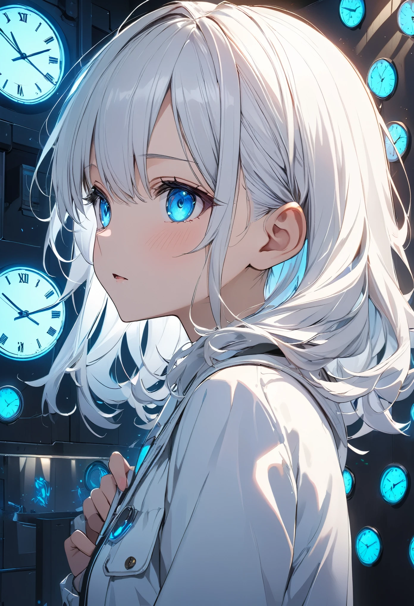 anime style:1.4),Soft pictorial touches、超High resolution, Attention to detail, high quality, High resolution, 最high quality, 4K, 8K,Blue glowing clock background、White Hair Girl、cute