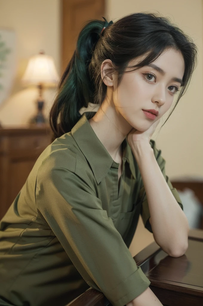 (((best quality))),(((ultra detailed))),(((masterpiece))),illustration,((1 beautiful young girl,female soldier,solo)),(short black ponytail:1.2),((slim,thin)),((small breasts,flat chest)),determined,professional,demeanor,(light green collared short-sleeved shirt:1.3),(dark green trousers:1.2),military,affiliation,background,military conference room,walls,maps,battlefields,strategic points,markings,(large red flag),nation's unity,strength,seriousness,planning,important discussion,rigid posture,focused expression,confidence,respectability,bright intense eyes,analyzing situation,contribute thoughts,ideas,charm,powerful,intense atmosphere,freezes moment in time,essence,striking appearance,(night scene:1.2),((from front,upper body))