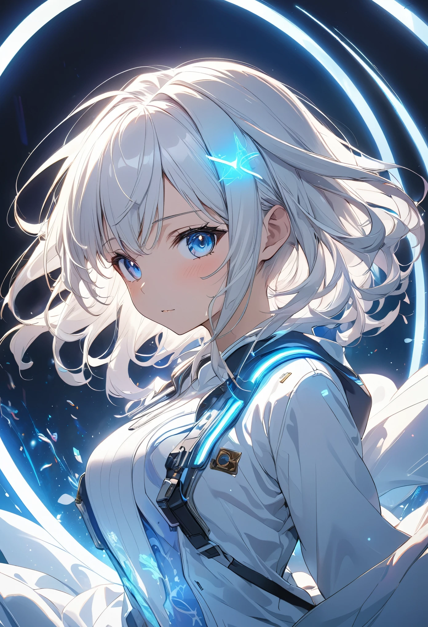 (anime style:1.4),Soft pictorial touches、超High resolution, Attention to detail, high quality, High resolution, 最high quality, 4K, 8K,Blue glowing clock background、White Hair Girl、cute,Beautiful light effect surrounding the body