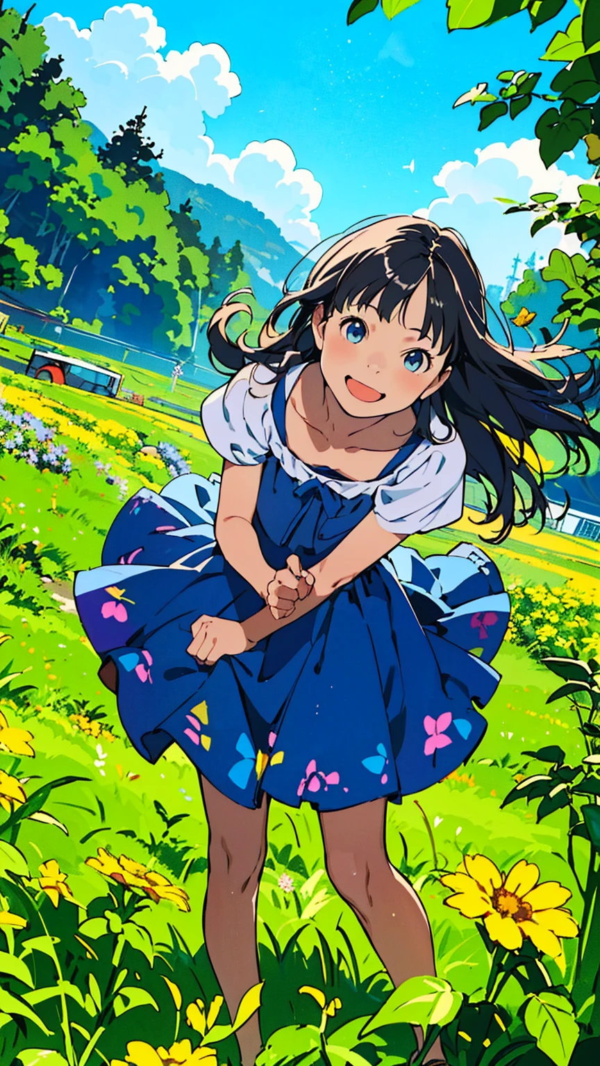 Reasonable design, Clear lines, High Sharpness, (Highest quality,8K,Perfect sharpness,Ultra fine,High resolution,masterpiece:1.2), Perfect Anatomy:1.5, Official Art, Illustrations that tell a story, (Whitish background:0. 9)、Body Positivity、多Mr.な身体表現、(Random and energetic poses)、Perfect beauty、Perfect beautiful face、Strong winds、A rich expression、Dynamic composition、smile、Golden ratio composition、colorful、((Mr.々Different angles and perspectives))、Anime Art、(Mini dress)、(Overcoming stereotypes)、 Glowing Skin、(Natural beauty)、smile、Bangs、(Soft and flowing hair)、(countryside)、(Nostalgic atmosphere)、Put it up to your thighs、(Playful and carefree)、(多Mr.な民族のキャラクター)、(innocent attitude)、(Sunny atmosphere)、(The skirt flutters wildly in the wind)、(Bright colors)、Beautiful Eyes、(Embarrassing)、Braided Hair、Summer Scene、Smiling among flowers、Angle from below、