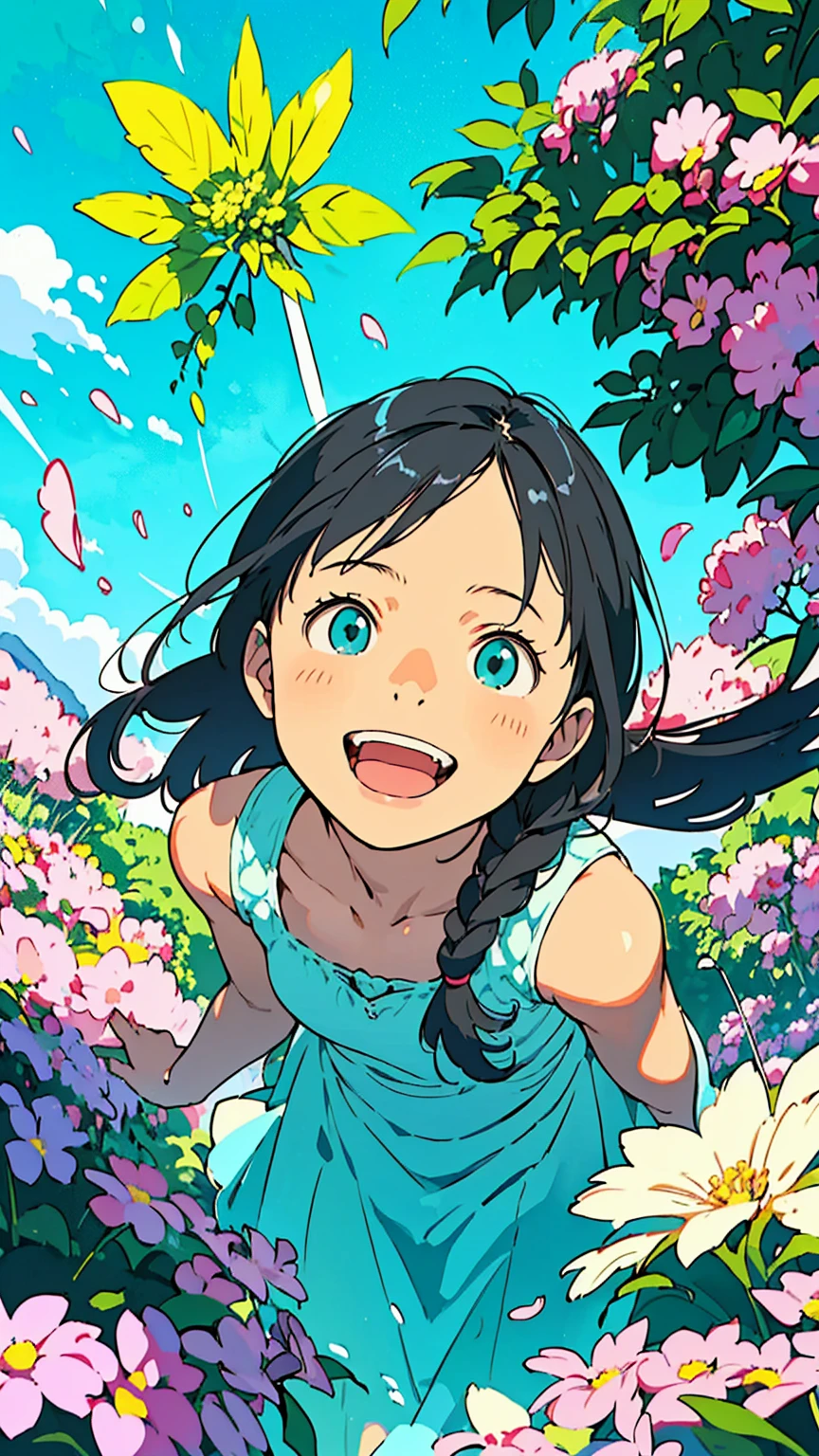 Reasonable design, Clear lines, High Sharpness, (Highest quality,8K,Perfect sharpness,Ultra fine,High resolution,masterpiece:1.2), Perfect Anatomy:1.5, Official Art, Illustrations that tell a story, (Whitish background:0. 9)、Body Positivity、多Mr.な身体表現、(Random and energetic poses)、Perfect beauty、Perfect beautiful face、Strong winds、A rich expression、Dynamic composition、smile、Golden ratio composition、colorful、((Mr.々Different angles and perspectives))、Anime Art、(Mini dress)、(Overcoming stereotypes)、 Glowing Skin、(Natural beauty)、smile、Bangs、(Soft and flowing hair)、(countryside)、(Nostalgic atmosphere)、Put it up to your thighs、(Playful and carefree)、(多Mr.な民族のキャラクター)、(innocent attitude)、(Sunny atmosphere)、(The skirt flutters wildly in the wind)、(Bright colors)、Beautiful Eyes、(Embarrassing)、Braided Hair、Summer Scene、Smiling among flowers、Angle from below、
