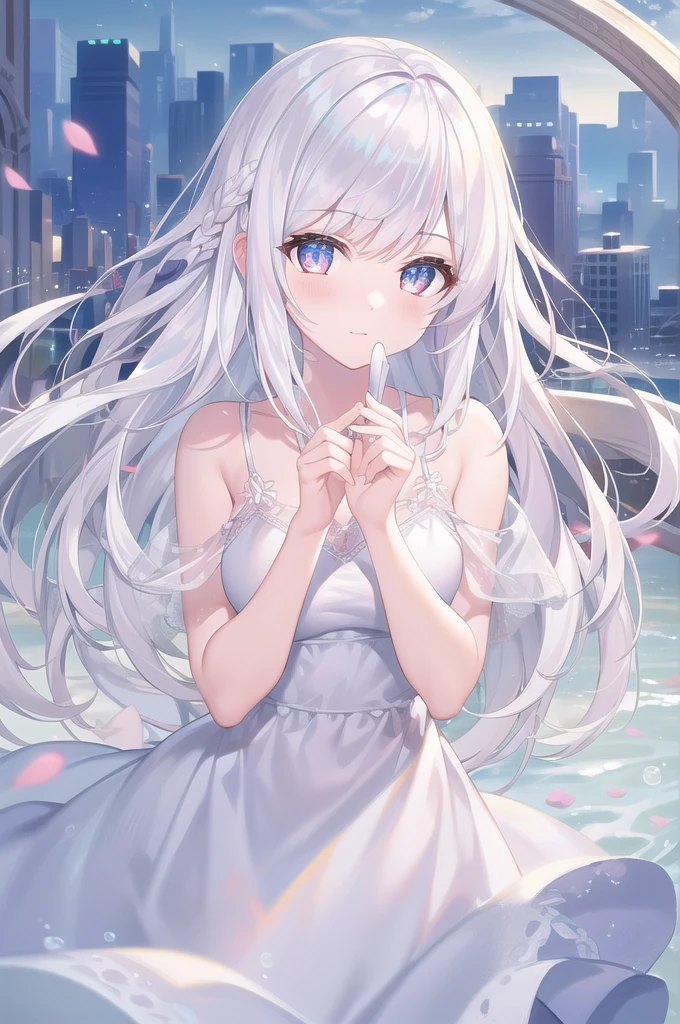 ((masterpiece, best quality))++, Detailed lighting+,  Detailed hair+, Detail hand+ ,1 girl, Miss, Long hair,   Crimson eyes,  beautiful eyes, young white hair,,(Beautiful white hair:1.5),(Beautiful and delicate eyes),  high resolution+,glass tint, Reflective eyes,   {{angle}} , Very detailed wallpaper, The original, ,Sea of Flowers，Air bangs，city road，Extremely beautiful CG，