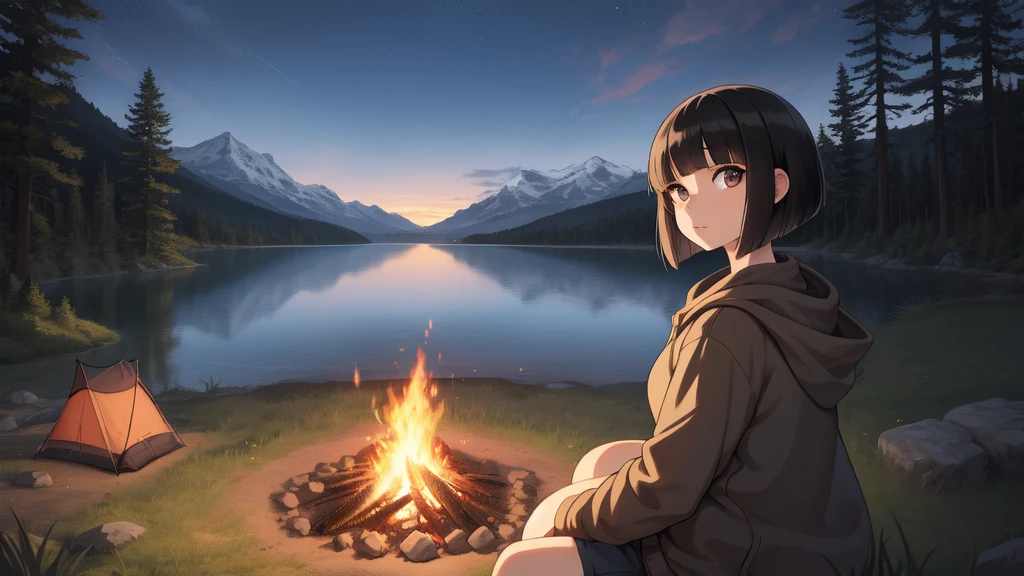 Loose-fitting anime-style girl camping solo by the lake. Staring at the campfire, gaze lake, black hair bob cut.