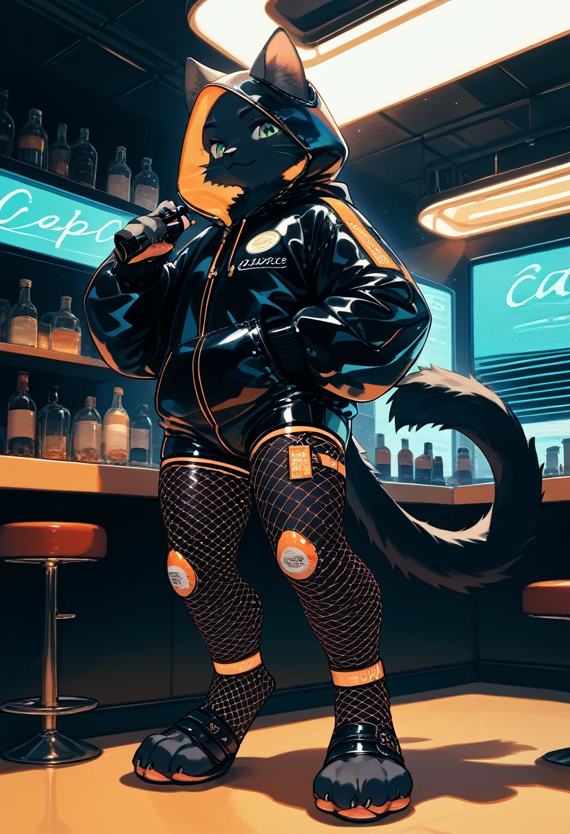 Highest quality, Highest quality, High quality illustrations, masterpiece, Ultra-high resolution, Detailed Background, cyber cafe, Bottle, Absurd, Perfect Anatomy, performance, Good lighting, Shadows in the movies(kemono, Furry Personification), cat, Black Skin, Rubber suit, Rubber suit, latex, neon, neonライト, neonカラー, Fishnet tights, Rubber Hoodie, ribbon, male