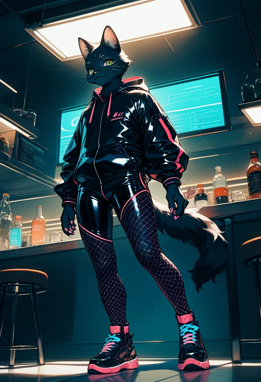 Highest quality, Highest quality, High quality illustrations, masterpiece, Ultra-high resolution, Detailed Background, cyber cafe, Bottle, Absurd, Perfect Anatomy, performance, Good lighting, Shadows in the movies(kemono, Furry Personification), cat, Black Skin, Rubber suit, Rubber suit, latex, neon, neonライト, neonカラー, Fishnet tights, Rubber Hoodie, ribbon, male