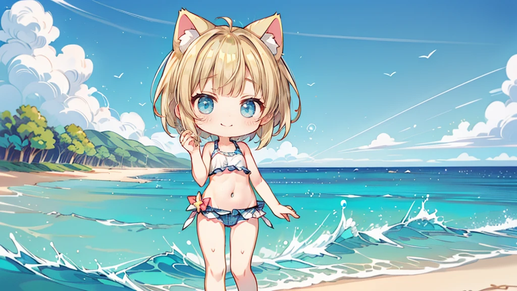 Chibi Character、smile,ピンク色のSwimwearの上半身、Denim shorts、Turquoise Eyes、Cat ear、Absurd, Ultra-detailed,Bright colors,(solo),(From the side:1.2),(View your viewers:1.5) (Short blonde hair:1.2),Shiny Hair,(ピンクのSwimwear:1.5),Denim shorts,Delicate and beautiful face, blush、(Deep blue eyes:1.4), White skin, (物憂げなsmile:1.3),Beautiful Clouds,(Standing on the beach, looking to the side with a sad expression:1.3),look at the sea and sunset,At sunset,Waves crashing on the beach,sunlight,Light on the face、Cat ear、Belly button、Turquoise Eyes、Swimwear