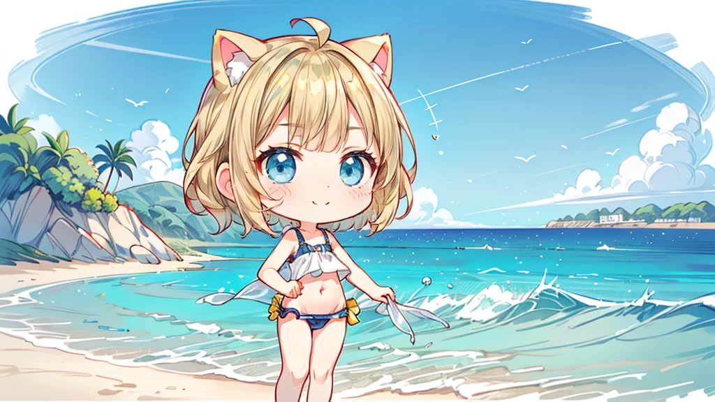 Chibi Character、smile,ピンク色のSwimwearの上半身、Denim shorts、Turquoise Eyes、Cat ear、Absurd, Ultra-detailed,Bright colors,(solo),(From the side:1.2),(View your viewers:1.5) (Short blonde hair:1.2),Shiny Hair,(ピンクのSwimwear:1.5),Denim shorts,Delicate and beautiful face, blush、(Deep blue eyes:1.4), White skin, (物憂げなsmile:1.3),Beautiful Clouds,(Standing on the beach, looking to the side with a sad expression:1.3),look at the sea and sunset,At sunset,Waves crashing on the beach,sunlight,Light on the face、Cat ear、Belly button、Turquoise Eyes、Swimwear