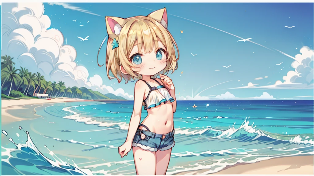 Chibi Character、smile,ピンク色のSwimwearの上半身、Denim shorts、Turquoise Eyes、Cat ear、Absurd, Ultra-detailed,Bright colors,(solo),(From the side:1.2),(View your viewers:1.5) (Short blonde hair:1.2),Shiny Hair,(ピンクのSwimwear:1.5),Denim shorts,Delicate and beautiful face, blush、(Deep blue eyes:1.4), White skin, (物憂げなsmile:1.3),Beautiful Clouds,(Standing on the beach, looking to the side with a sad expression:1.3),look at the sea and sunset,At sunset,Waves crashing on the beach,sunlight,Light on the face、Cat ear、Belly button、Turquoise Eyes、Swimwear