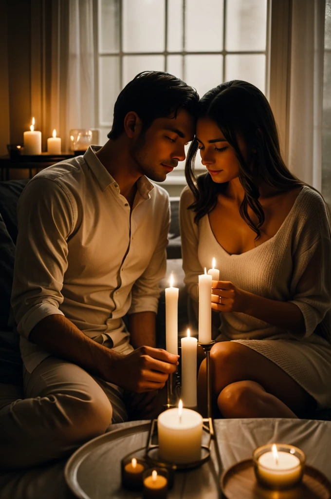 A quiet, intimate moment shared between two lovers, perhaps in a cozy room filled with soft lighting, candles, and a gentle rain falling outside.