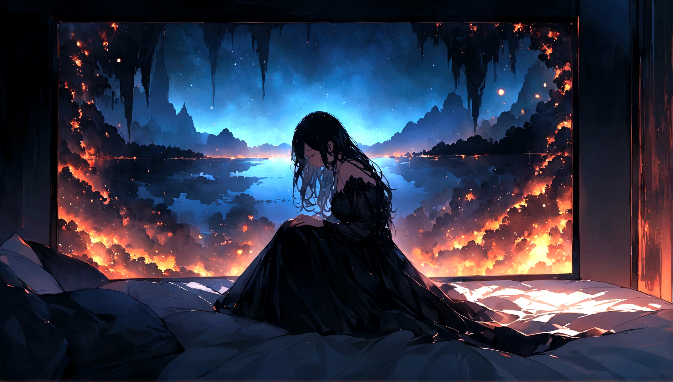 Midnight. room. Woman on her knees on bed. She is looking down. I can't see her face. Awesome iPhone with screen on. High quality down to the last detail. Wonderful landscape. Distant person.