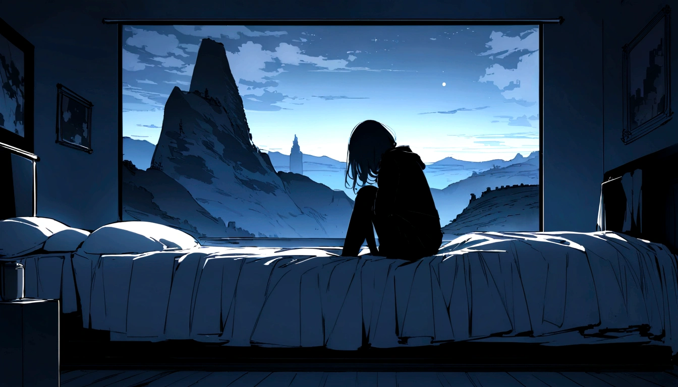 Midnight. room. Woman on her knees on bed. She is looking down. I can't see her face. Awesome iPhone with screen on. High quality down to the last detail. Wonderful landscape. Distant person.