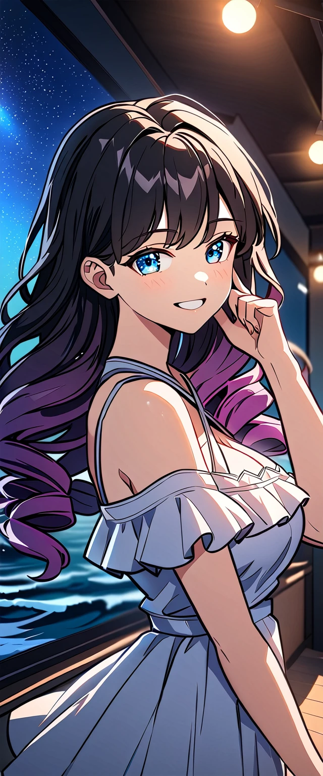 ((grin)), high twin tails, red and black hair, Eyeshadow, False eyelashes, ((off-shoulder dress:1.3, criss-cross halter)), ((white sundress)), ((cleavage)), ((medium hair, spiral curl hair, gradient hair, hair extensions, streak)), ((sunglasses, hand to sunglasses)), (((from side))), ((((upper body)))), bare legs, (()), (((a beautiful starry sky, the Milky Way shining beautifully in the night))), ((on the very high cliff)), wavy hair, inward curled hair, ((sea, nature)), breasts, teenager, (looking at viewer), puffy long sleeves, collarbone, head tilt:1.3, (((blue eyes))), happy smile, (((anime style))), (best quality, 4K, 8K, highres, masterpiece:1.2, ultra-detailed, ultra-detailed eyes, HDR, uhd, studio lighting, ultra-fine painting, sharp focus, physically-based rendering, extreme detail description, professional, vivid colors, bokeh)