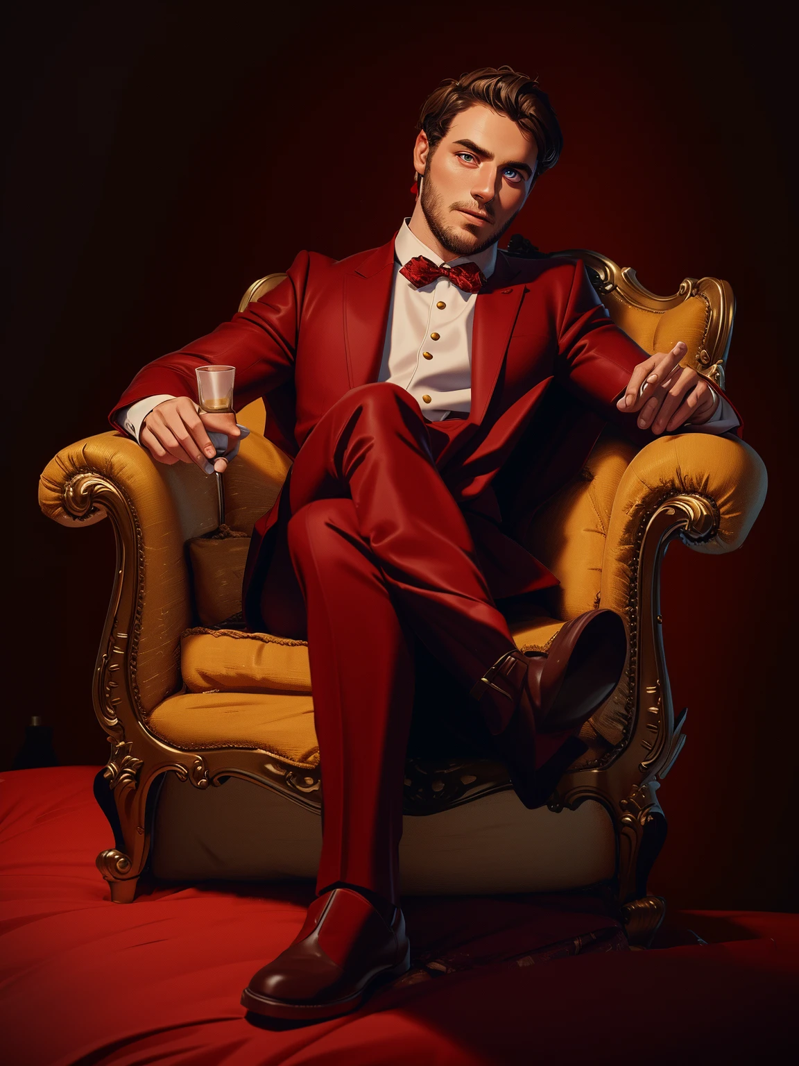 man, Man sitting on a chair, мужчина одет в red suit, (red suit), masterpiece, cigarette in left hand, Best quality, amazing, beautiful подробные, finely detailed, depth of field, чрезвычайно подробные обои CG Unity 8k, whole body, (detailed face:1.2), (detailed eyes:1.2), whole body,