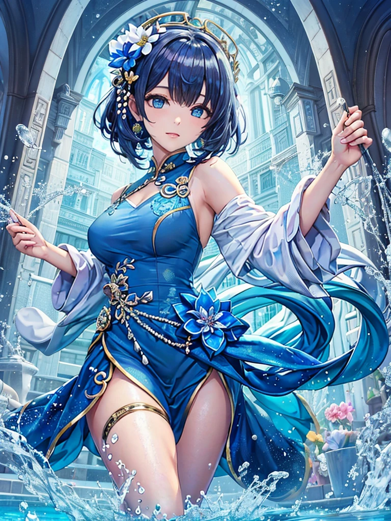She is wearing a long Chinese dress、8K、、Highest quality、Tabletop、Ultra HD、Super detailed、so beautiful、Super detailed髪質、so beautiful、Portraiture、Captivating look、Beautiful woman、Long Blue Hair、Sharp Eye、Hanging eyes、Strong-minded face、blue eyes、Glowing Skin、Very large breasts、Water droplets running down the skin、The background is a great night pool、