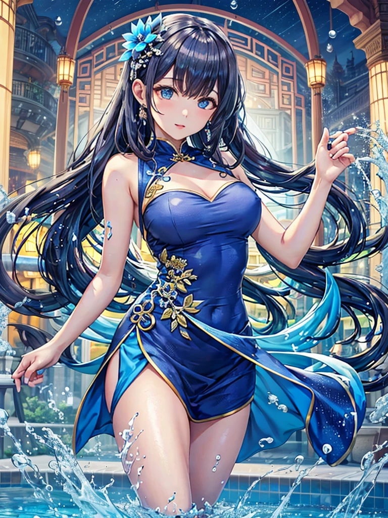 She is wearing a long Chinese dress、8K、、Highest quality、Tabletop、Ultra HD、Super detailed、so beautiful、Super detailed髪質、so beautiful、Portraiture、Captivating look、Beautiful woman、Long Blue Hair、Sharp Eye、Hanging eyes、Strong-minded face、blue eyes、Glowing Skin、Very large breasts、Water droplets running down the skin、The background is a great night pool、