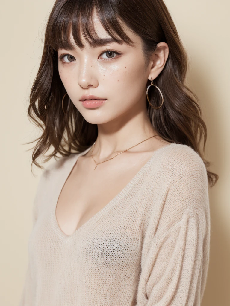 Highest quality:1.3、masterpiece、High resolution、［One Girl］、｛solo｝、RAW Photos、Real person、Photo of an attractive woman with loose brown hair, Posing in the room, boredom, mascara, ,(Textured skin, Skin pores:1.1), (Mole:0.8), (Imperfect skin:1.1) Intricate details, It gives me goosebumps, Perfect Face, (freckles:0.9), ((Photorealistic):1.1), (immature, 8K:1.2), Cloudy, Calm colors,、Detailed skin、Japanese、Muscular Hair、Thin bangs、Wavy Hair、Floating Hair、whole body,Sweat knitwear、Catchlight、Earrings、necklace、White wall、
