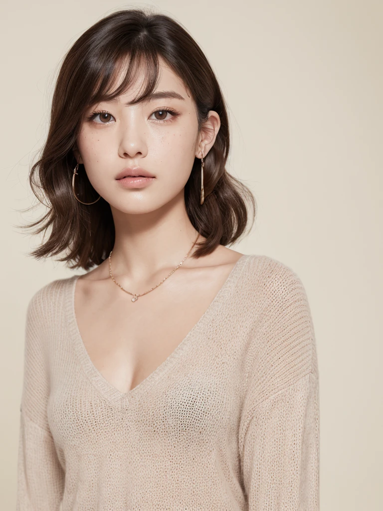 Highest quality:1.3、masterpiece、High resolution、［One Girl］、｛solo｝、RAW Photos、Real person、Photo of an attractive woman with loose brown hair, Posing in the room, boredom, mascara, ,(Textured skin, Skin pores:1.1), (Mole:0.8), (Imperfect skin:1.1) Intricate details, It gives me goosebumps, Perfect Face, (freckles:0.9), ((Photorealistic):1.1), (immature, 8K:1.2), Cloudy, Calm colors,、Detailed skin、Japanese、Muscular Hair、Thin bangs、Wavy Hair、Floating Hair、whole body,Sweat knitwear、Catchlight、Earrings、necklace、White wall、