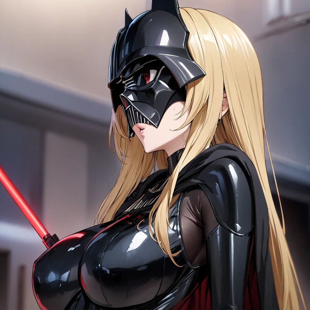 ((Highest quality)), ((masterpiece)), (detailed), (Perfect Face)、The woman is the Sith Lord Tearju, with medium-long blonde hair, a female version of Darth Vader, wearing the same bodysuit and protector as Darth Vader, a full-face helmet like Darth Vader, a black cloak, and holding a red lightsaber.