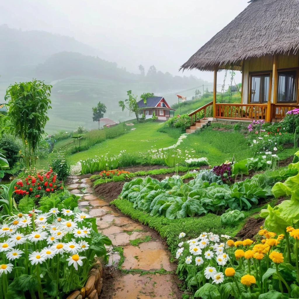 view from far, cottage, the sacred symbol of nature, A straw house on the hill (stilt house), garden around the house with vegetables, A pathway to the house with many flowers, white daisys. A swing in the yard. In front of the house is a valley with vegetables. scenery, a rainy day.