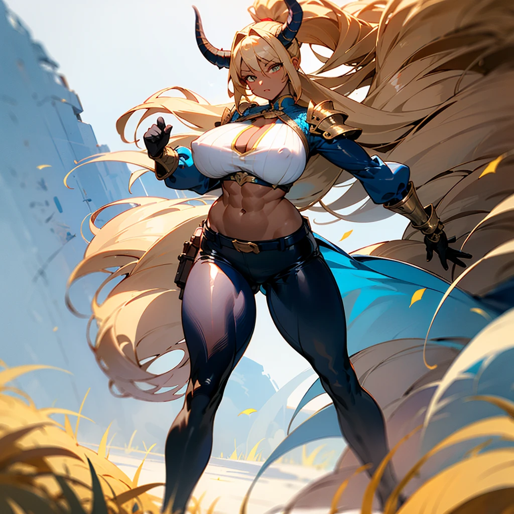 8k_wallpaper, extremely detailed eyes, extremely detailed body, 1girl,((perfect anatomy huge chest)), (intricate details:1.3), (ultra-detailed:1.3), (sharp focus:1.3), (natural lighting:1.05), (vivid colors:1.3), (best quality:1.4), high quality, expressive eyes, full body, tall girl, detailed face, beautiful face, perfect face, detailed ((blonde hair)), (gold eyes), ((big red horns)), {{dark skin}}, ({dark skinned female}), gigantic breasts, thick thighs, translucent blue veins on the body, strong abdominal muscles, strong leg muscles, strong arm muscles, ponytail hairstyle, wearing a blue coat with rolled up sleeves, steel belly heavy armor, leather pants, leather steel gloves, wide a leather belt with gold yarn walks through a flower meadow against the backdrop of distant high mountains,