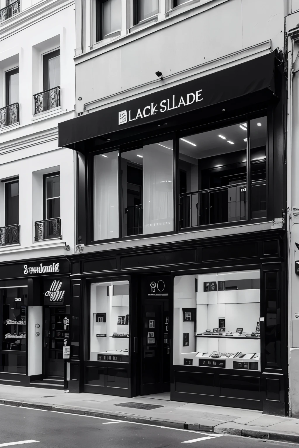 Commercial façade with two floors and eight shop openings with black and white colors