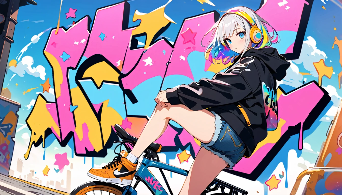 HD 8k Handsome sexy cute, Solitary, 1 female, Medium Length Hair, white hair, Rainbow hair, blue Eyes, "HD 8K riding bicycle", Rainbow headphone, hoodie, colored hoodie, black Trucker Hat, hip-hop style big hooded jacket denim shorts, sneakers NIKE, Human focus, outdoor, blue sky, White clouds, graffiti Popularity spray art wall,Paint a galaxy swirling with stars and nebulae, as if traveling through space at warp speed.