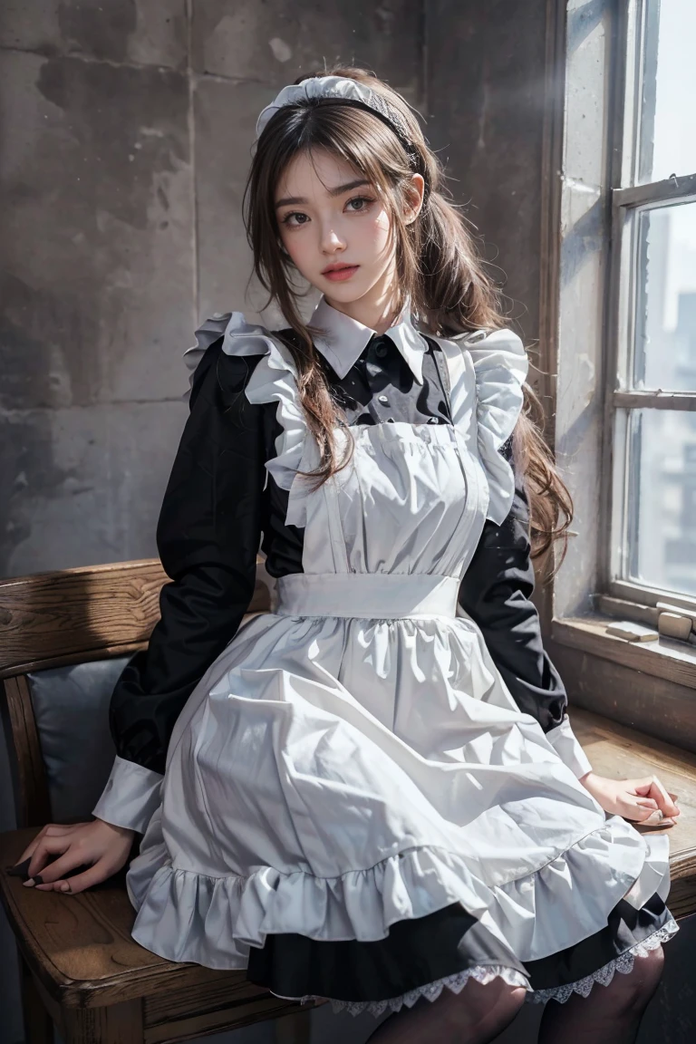 ((masterpiece, best quality, Highest image quality, high resolution, Reality, RAW photos, 8K)), ((Extremely detailed CG unified 8k wallpaper)), (Huge stunning goddess photo, Very hot and y, Stunning beauty, Perfect proportion, Beautiful Body, slim body beautiful:1.4), ((1 y woman, Detailed face and eyes, Pretty Face, Ponytail, Glowing skin, Realistic skin texture, Wearing a maid outfit, Sitting at the table with legs spread, Put one leg on the chair, Dynamic poses, Long sleeve, Large Breastsss)), ((Blackid outfit, Long sleeve, Long skirt, White apron, Headdress, High heel ))),