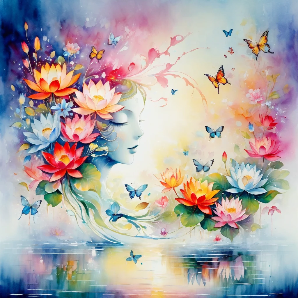 This watercolor flower painting shows an elegant and fresh visual effect。Lotus flowers and butterflies entwined in the lake，Forming the perfect combination of nature and romance。The screen is dominated by a white background，Highlight isolated watercolor flower。Splash technology recreates wet conditions，The atmosphere feels vague and dreamy。Unique compositions and abstract representations add to the artistic feel of the image，Contains elements of surrealism。The overall color tone is mainly light tones，Red and gold complement each other，Reveal details in high resolution。The paint splash effect adds a touch of agility to the image，The pale color gives the flowers a deep, restrained beauty.