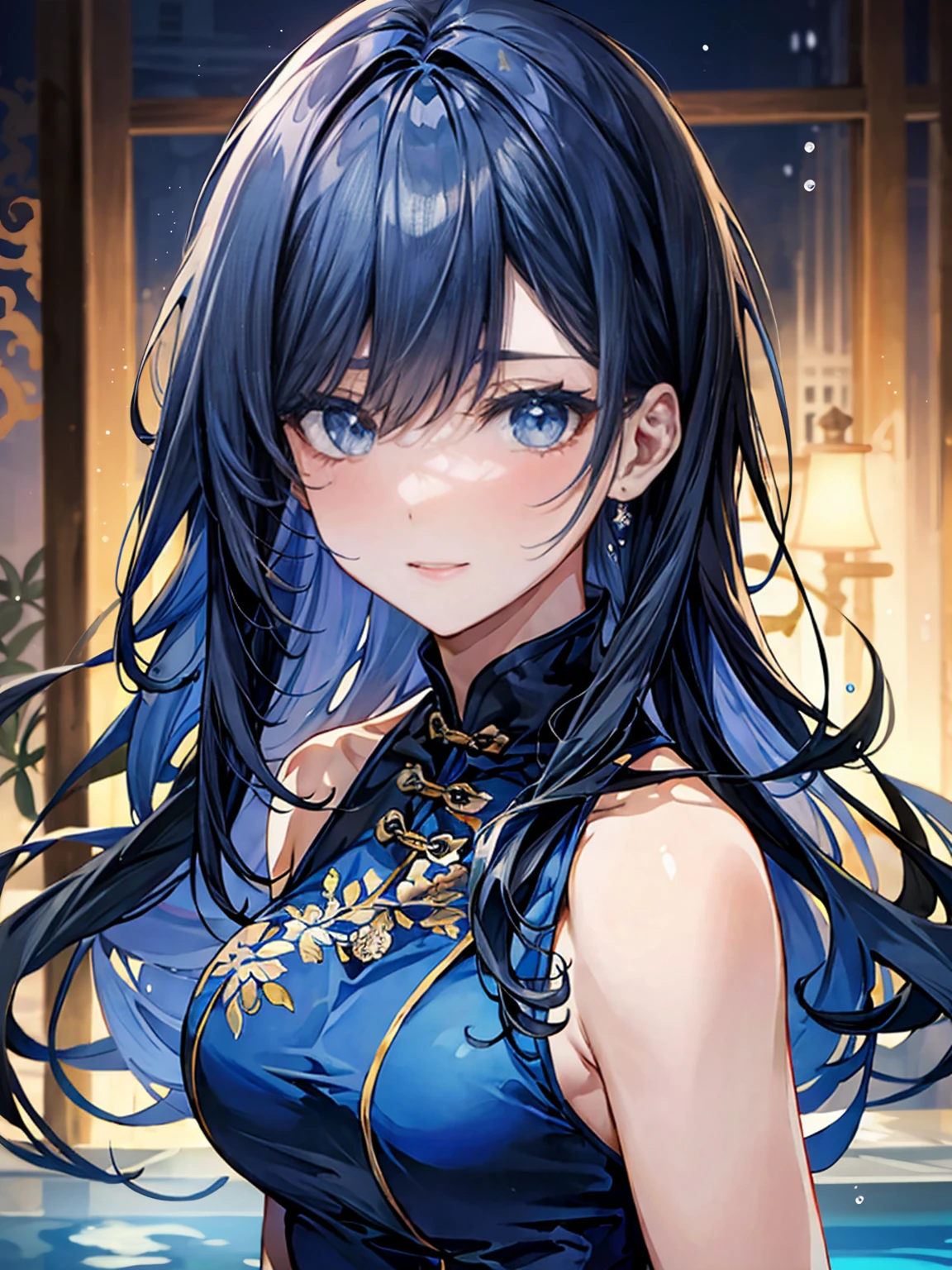 She is wearing a long Chinese dress、8K、、Highest quality、Tabletop、Ultra HD、Super detailed、so beautiful、Super detailed髪質、so beautiful、Portraiture、Captivating look、Beautiful woman、Long Blue Hair、Sharp Eye、Hanging eyes、Strong-minded face、blue eyes、Glowing Skin、Very large breasts、Water droplets running down the skin、The background is a great night pool、