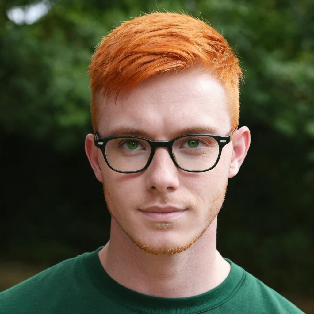 Handsome guy, Scottish guy, orange hair, green eyes, short hair, buzzcut hair, 30 years old student, eyeglasses
