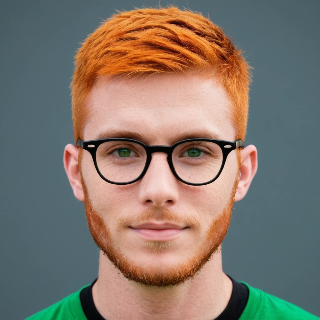 Handsome guy,  Scottish guy, orange hair, green eyes, short hair, buzzcut hair,  30 years old student, eyeglasses 