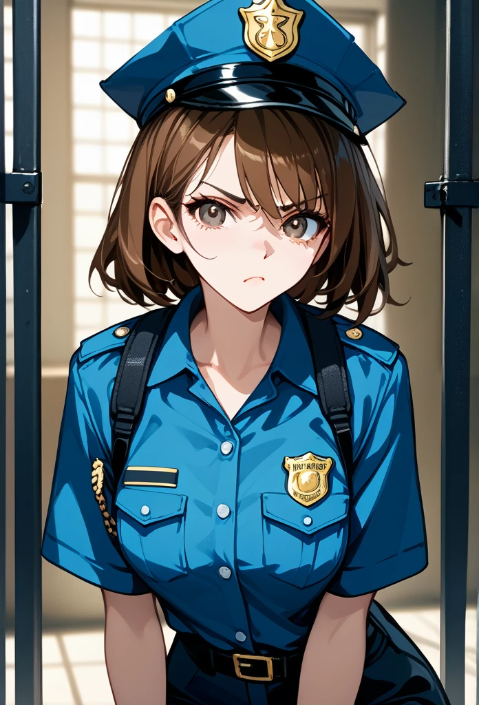 masterpiece, best quality, mature woman, mature face, trimmed hairstyle, brunette hair, mature face, hot face, sharp eyes, medium breasts, curvy body, hazel eyes, police outfit, looking at viewer, tough appearance, prison cell, jail cell, (looking serious), pissed off face, glaring eyes, angry expression, (chained up, restrained) 