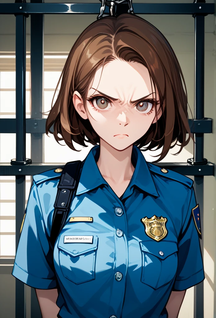 masterpiece, best quality, mature woman, mature face, trimmed hairstyle, brunette hair, mature face, hot face, sharp eyes, medium breasts, curvy body, hazel eyes, police outfit, looking at viewer, tough appearance, prison cell, jail cell, (looking serious), pissed off face, glaring eyes, angry expression, (chained up, restrained)