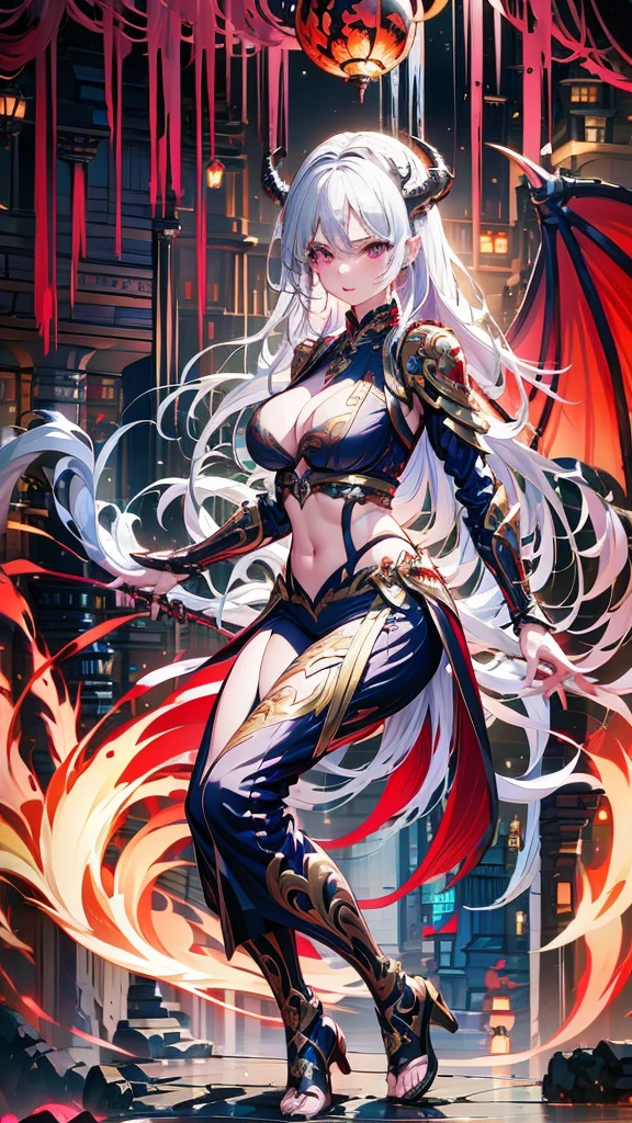 A woman with a spear and dragon wings on her back floats over the city, Detailed depiction of pretty faces, purple long hair，The black and blood red short armor has intricately carved decorations.,, 8K, HDR, full-body shot，Surreal work, Detailed works, Blood red armor, Gorgeous armor with black and blood red designs,navel , hyper-realistic, Super detailed photos, realism style,