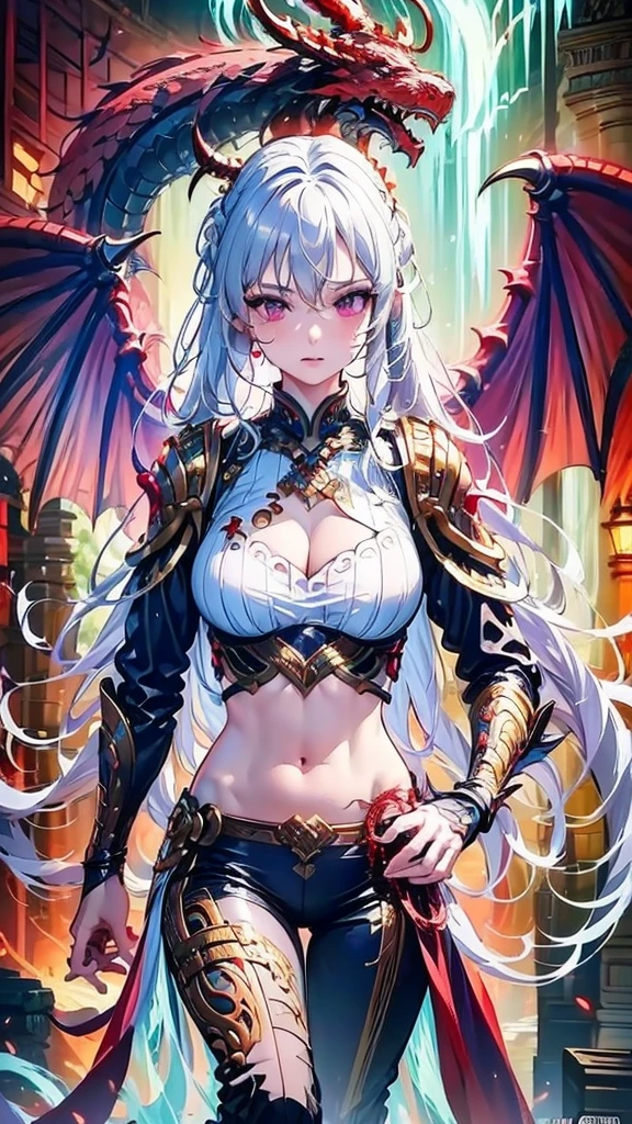 A woman with a spear and dragon wings on her back floats over the city, Detailed depiction of pretty faces, purple long hair，The black and blood red short armor has intricately carved decorations.,, 8K, HDR, full-body shot，Surreal work, Detailed works, Blood red armor, Gorgeous armor with black and blood red designs,navel , hyper-realistic, Super detailed photos, realism style,