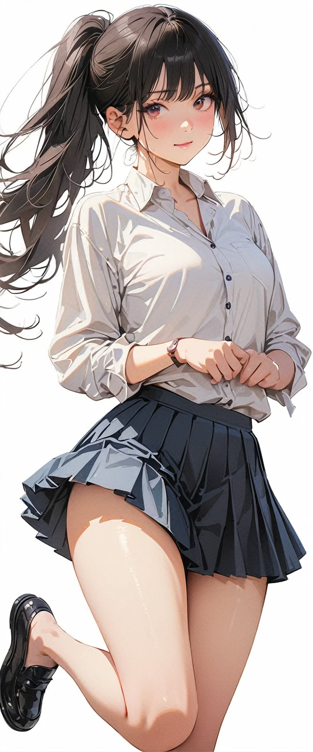 20 years old,1 mature woman,hyperrealistic, 8k, (extremely detailed 8k), (very delicate and beautiful), (masterpiece), (better quality:1.0), (ultra high resolution:1.0), (masterpiece, best quality),cute,black hair,ponytail,full body,white background,realistic skin,collared shirt, pleated skirt,model posing