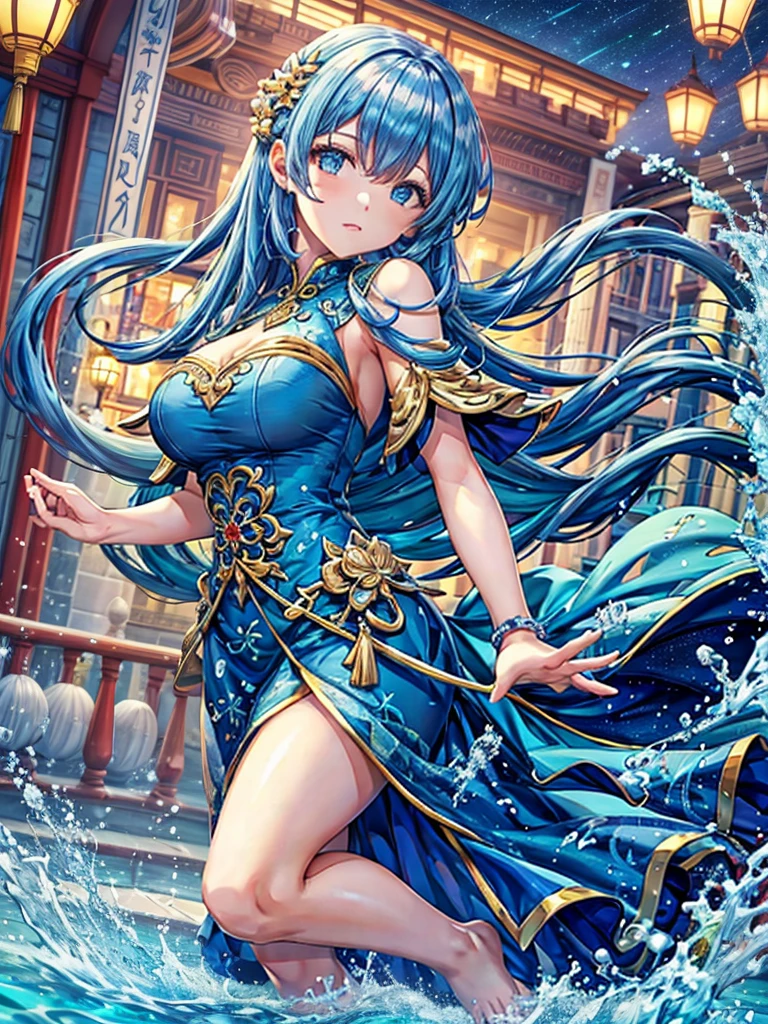 She is wearing a long Chinese dress、8K、、Highest quality、Tabletop、Ultra HD、Super detailed、so beautiful、Super detailed髪質、so beautiful、Portraiture、Captivating look、Beautiful woman、Long Blue Hair、Sharp Eye、Hanging eyes、Strong-minded face、blue eyes、Glowing Skin、Very large breasts、Water droplets running down the skin、The background is a great night pool、