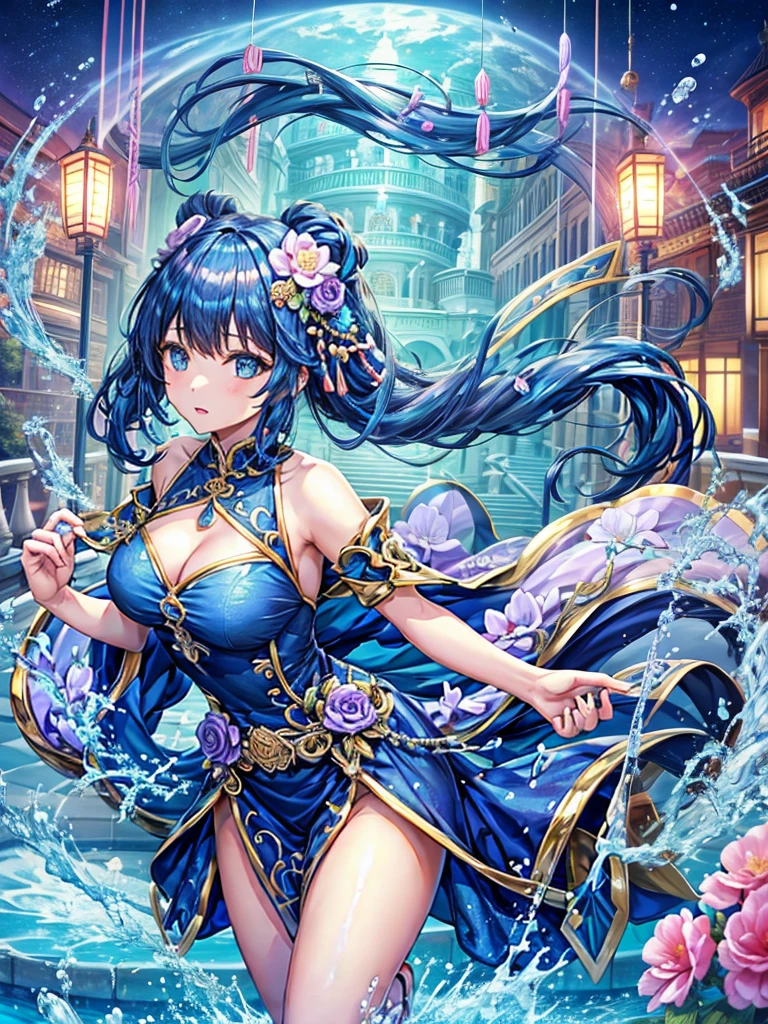 She is wearing a long Chinese dress、8K、、Highest quality、Tabletop、Ultra HD、Super detailed、so beautiful、Super detailed髪質、so beautiful、Portraiture、Captivating look、Beautiful woman、Long Blue Hair、Sharp Eye、Hanging eyes、Strong-minded face、blue eyes、Glowing Skin、Very large breasts、Water droplets running down the skin、The background is a great night pool、