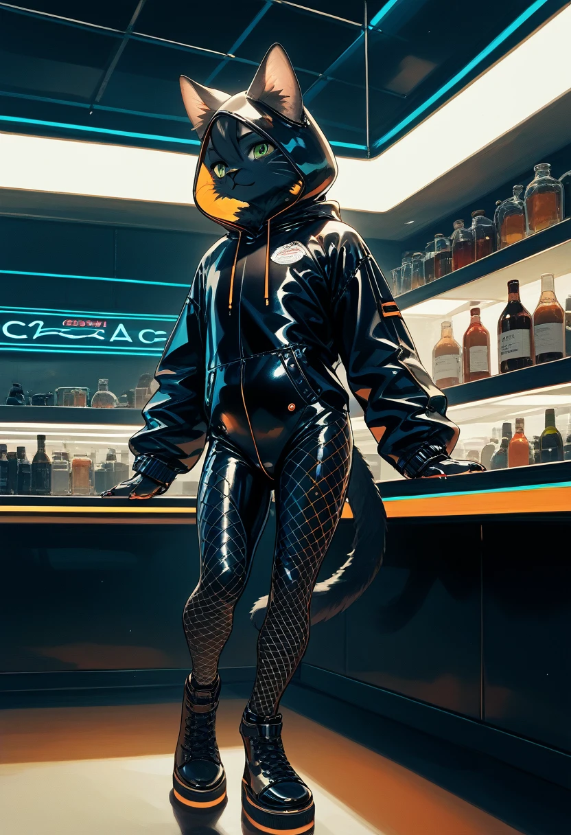 Highest quality, Highest quality, High quality illustrations, masterpiece, Ultra-high resolution, Detailed Background, cyber cafe, Bottle, Absurd, Perfect Anatomy, performance, Good lighting, Shadows in the movies(kemono, Furry Personification), cat, Black Skin, Rubber suit, Rubber suit, latex, neon, neonライト, neonカラー, Fishnet tights, Rubber Hoodie, ribbon, male