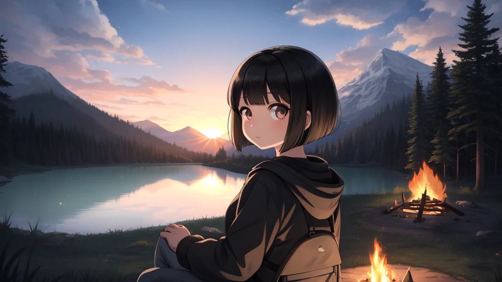 A (yuru-camping anime) style girl camping solo by a lake. Staring at the campfire, gaze lake, black hair bob cut.