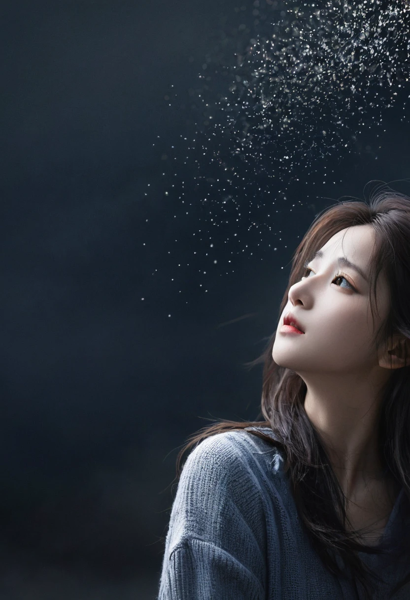 (best quality, masterpiece), 1 Girl, look down, wind, particle, Simple background, dark mood, Upper Body,