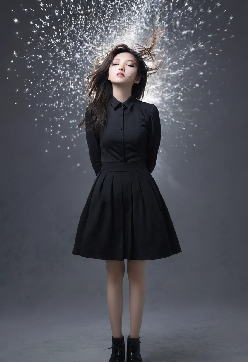 (best quality, masterpiece), 1 Girl, look down, wind, particle, Simple background, dark mood, Upper Body,