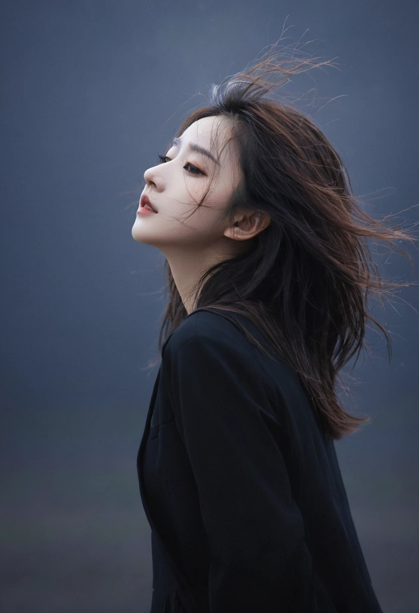 (best quality, masterpiece), 1 Girl, look down, wind, particle, Simple background, dark mood, Upper Body,