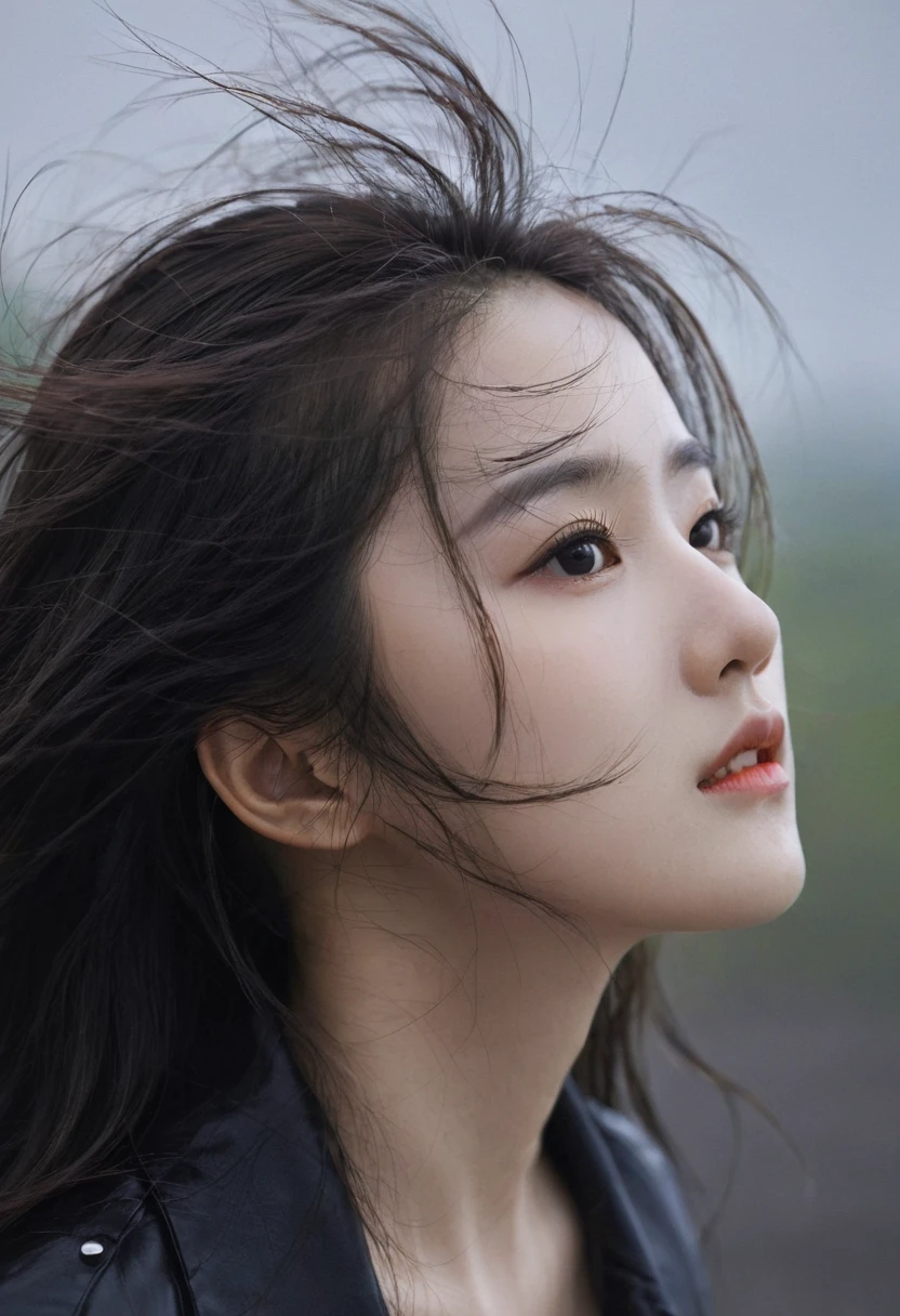 (best quality, masterpiece), 1 Girl, look down, wind, particle, Simple background, dark mood, Upper Body,