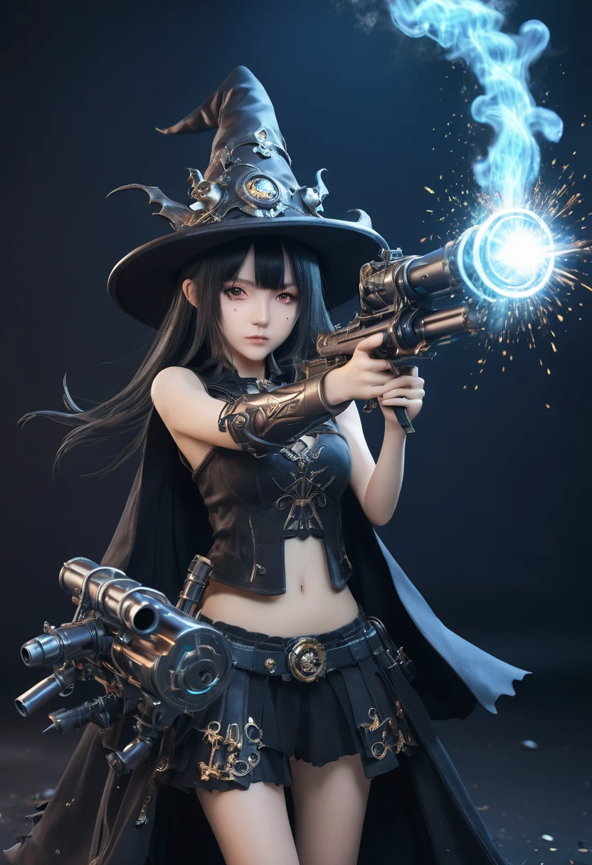 (Highly detailed 8k wallpaper), Medium shot of the loli necromancer, Particle Lighting, High Detail, dramatic, Gatling gun in hand, Clean background, Wearing a wizard hat, Background top weapon removed