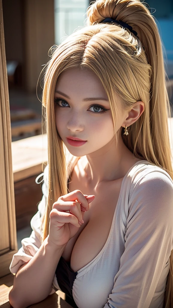 Portrait、School、bright look、ponytail、young shiny glossy white shiny skin、best beauty、Blonde reflected light、Platinum blonde hair with dazzling highlights、shiny bright hair,、Super long straight hair、Shining beautiful bangs、Sparkling crystal clear charming big blue eyes、very beautiful lovely cute 16 year old girl、rich bust、With slit、((I could see the whole body))、beautiful face、white dress